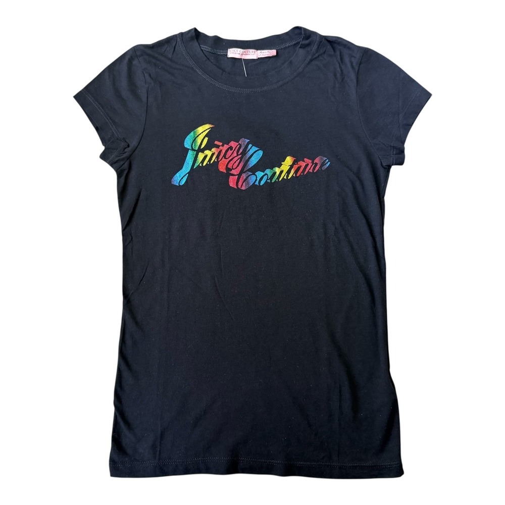 Juicy Couture‎ RARE Women's Y2K Rainbow Foil Logo Baby Tee Black Small P PRIDE